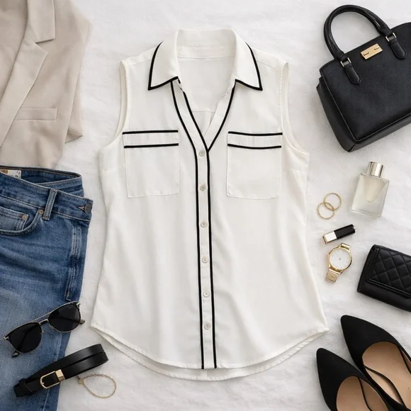 Express Portofino Sleeveless Blouse Black Piping White Button Front Top M - Picture 3 of 10